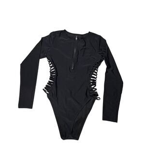 Forever 21 Black Long Sleeve Zip One-Piece Swimsuit Large